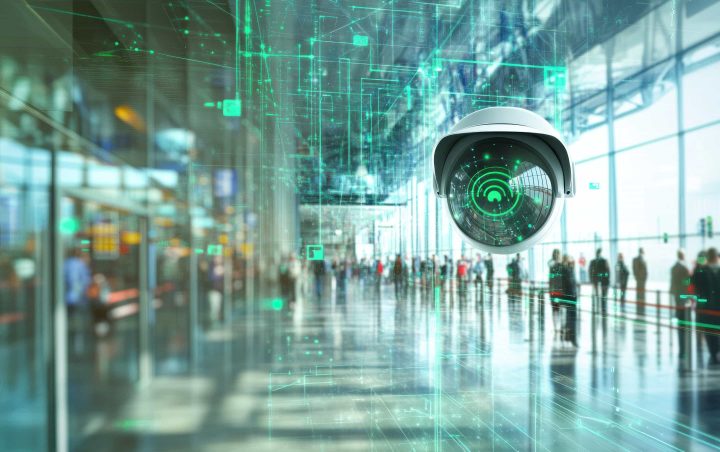 Security camera in a modern building with digital network overlay. Occupancy data refers to all the information needed to monitor, in real time, the presence, density, and movement of passengers across airport facilities.